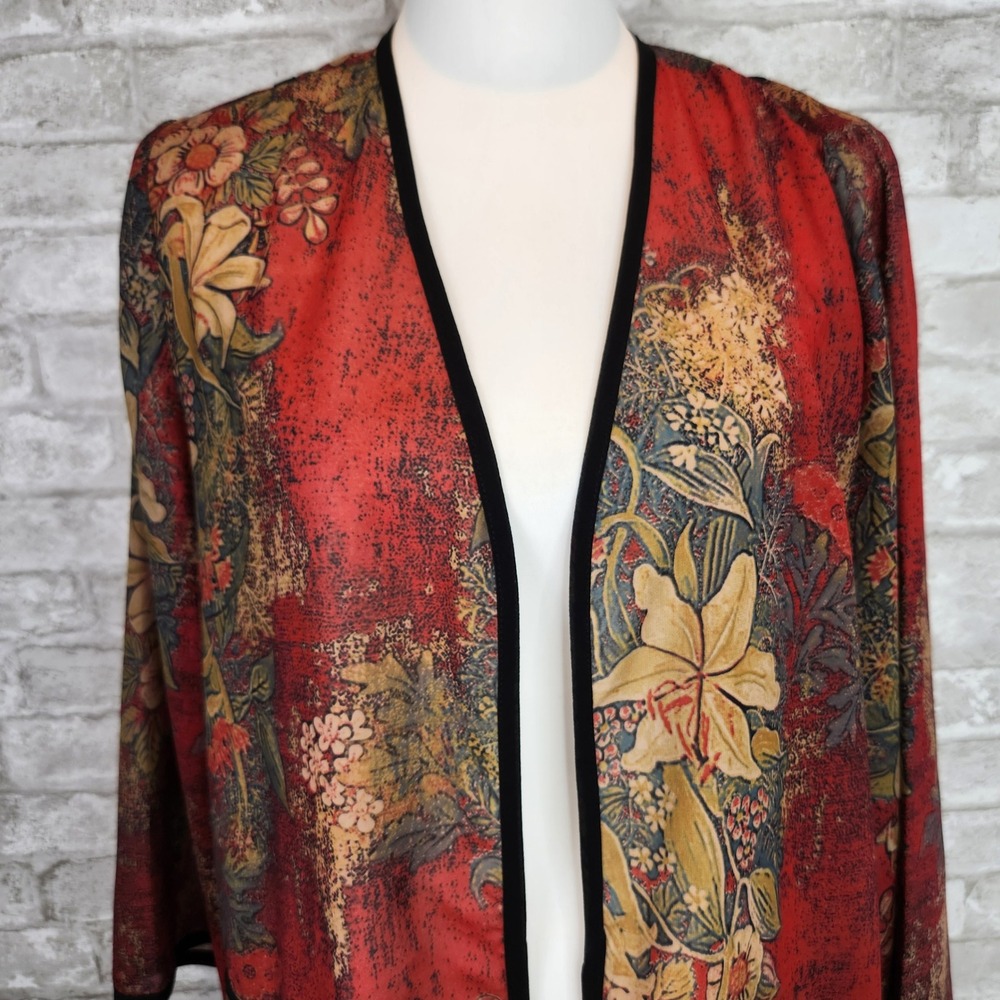 Soft Surroundings Long Kimono Duster Floral Boho Open Front Red Size Large - Picture 3 of 9